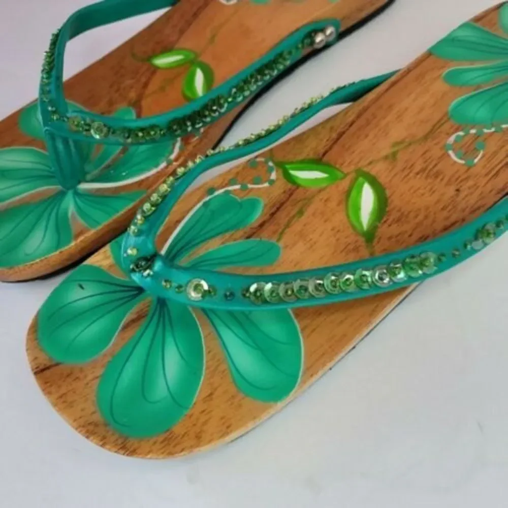 Hand Painted Wooden Sandals Green Floral Pattern Decor